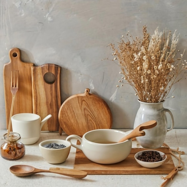 Stół z naczyniami kuchennymi